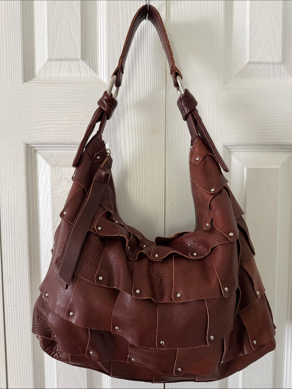 b. makowsky Brown Leather Ruffle Hobo Shoulder Bag